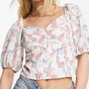 Abercrombie & Fitch Puff Sleeve Colorful Chiffon Cropped Top XL NWT Boho Spring